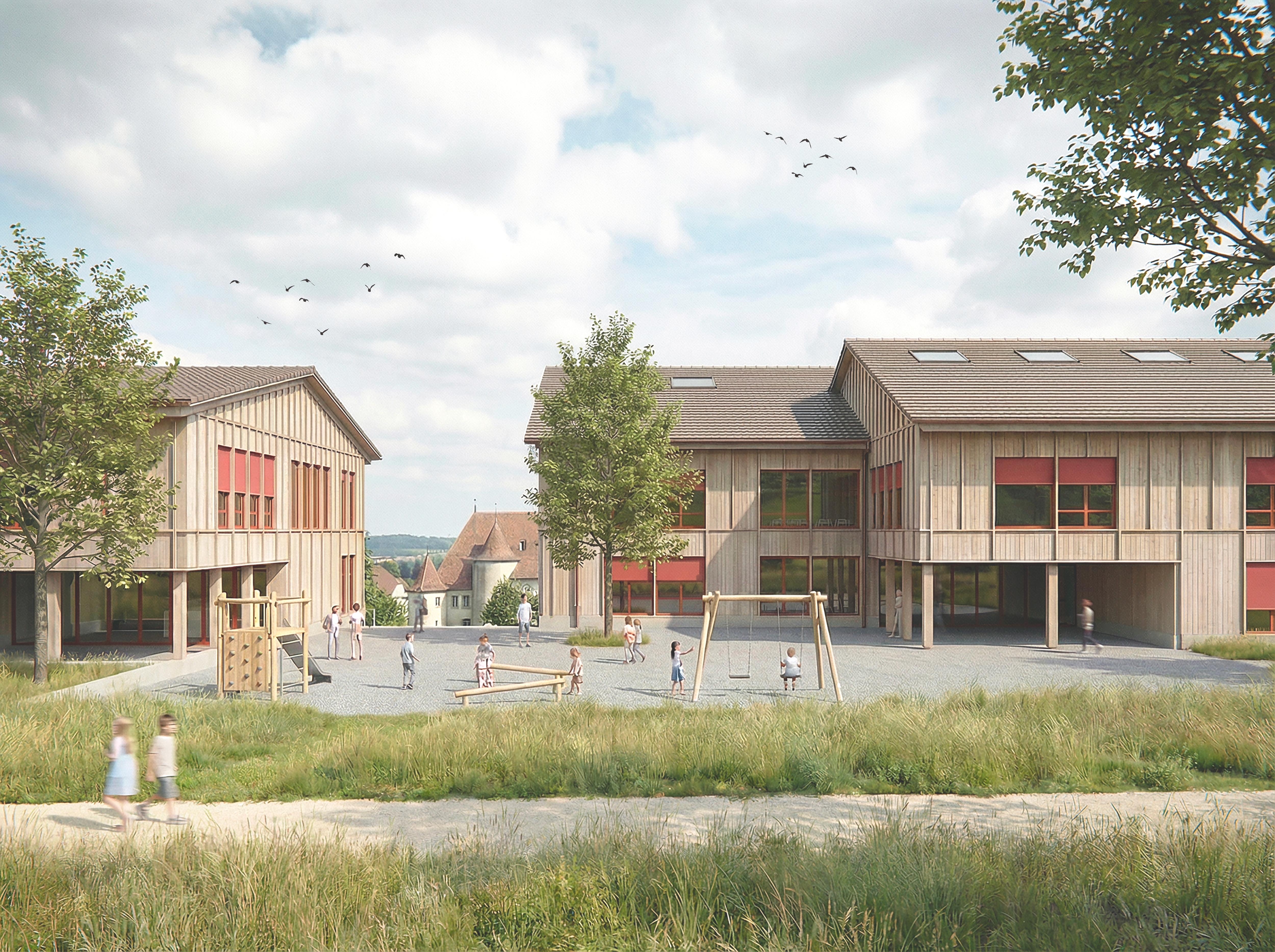 Vue extérieure du complexe scolaire et sportif de Saint-Aubin